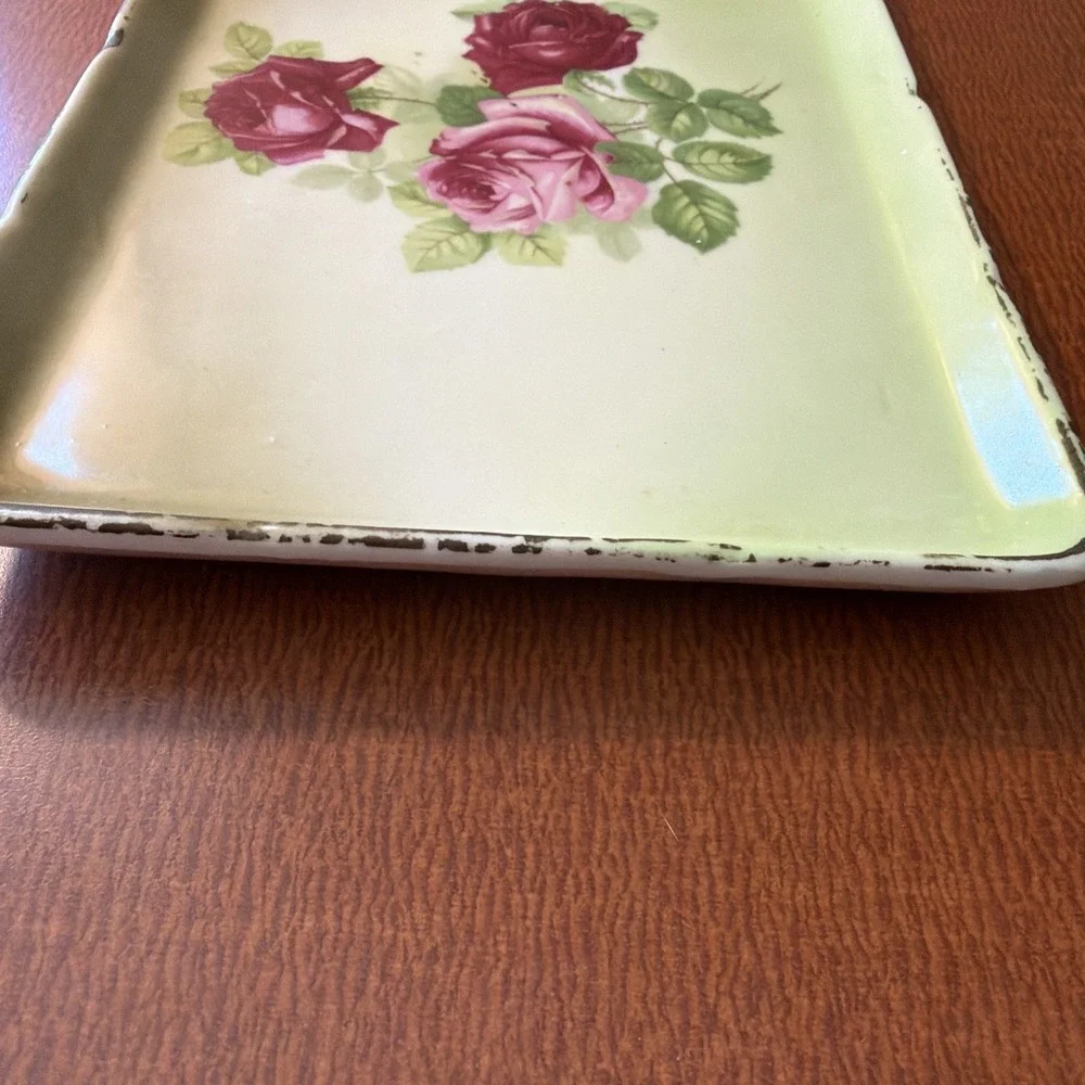 Vtg Painted Vanity Tray From Austria Pink Roses Gold Trim 8.5